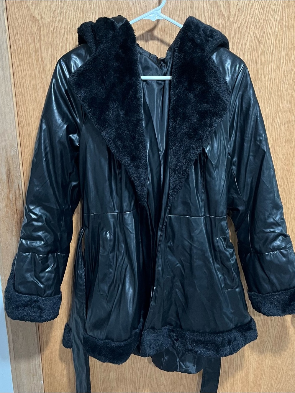 Black Faux Leather Hooded Coat with Faux Fur Trim